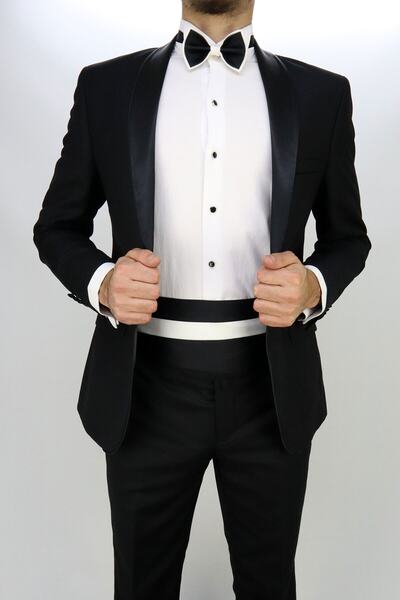 ZAYFA Erkek Siyah Düz Şal Yaka Slimfit Kuşaklı Smokin Damatlık