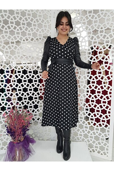 FERGAN Kadın Siyah Puantiyeli Balon Deri Kol Elbise