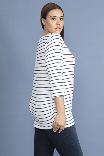 Şans Women's Large Size Bone Side Gathered Capri Sleeve Striped Blouse 65n20066