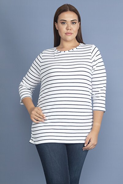 Şans Women's Large Size Bone Side Gathered Capri Sleeve Striped Blouse 65n20066