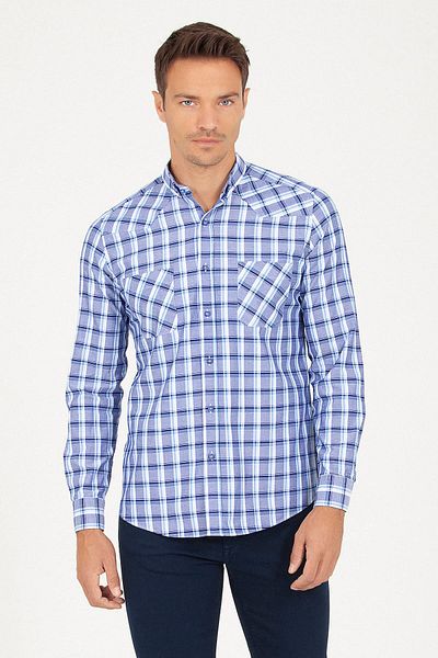 Hatemoğlu Αθλητικό μακρυμάνικο πουκάμισο Navy Blue Slim Fit καρό 100% βαμβάκι