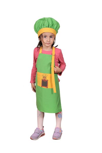 Mandalin Consept Children's Kitchen Apron with Hat Green Yellow Print Pattern Art3