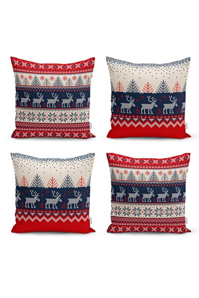 Realhomes Geyik Desenli Yılbaşı Temalı 4'lü Dekoratif Yastık Kırlent Kılıfı