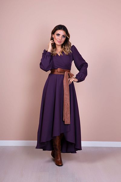 Bidoluelbise Rochie de damă cu curea din piele maro prune cu mânecă lungă cu croială asimetrică