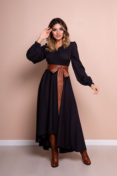 Bidoluelbise Rochie de damă din piele neagră maronie cu curea cu mânecă lungă cu croială asimetrică
