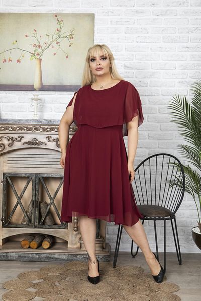 VOLİNAY TEKSTİL Women's Burgundy Plus Size Chiffon Evening Dress