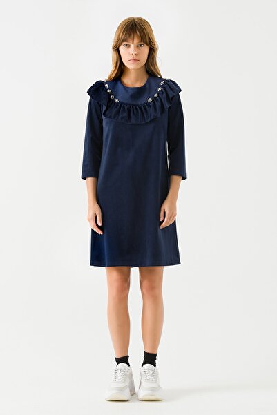 Jus De Pommes Kadın Lacivert Taşlı Fırfır Detaylı Kadife Elbise