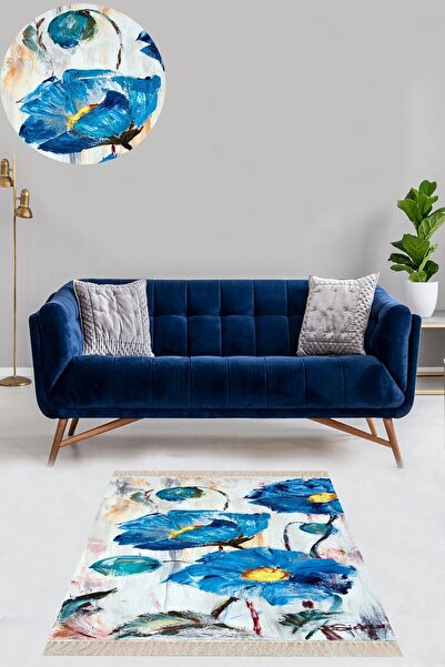 on the clouds Mavi Çiçek Desenli Dijital Baskı Yıkanabilir Kaymaz Taban Moder...