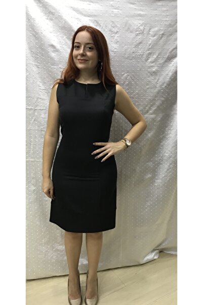 HaiModa Kadın Siyah  Kolsuz Kumaş Klasik Elbise