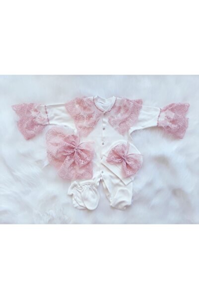 Şeker Tadında Tasarımlar Baby Girl Powder French Guipure Detailed Jumpsuit Set