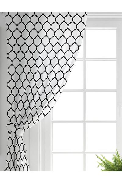 Realhomes Double Wing Black and White Ogea Patterned Decorative Living Room Background Curtain