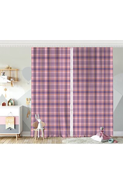 Realhomes Çift Kanat Lila Ekose Desenli Bebek Odası Fon Perde