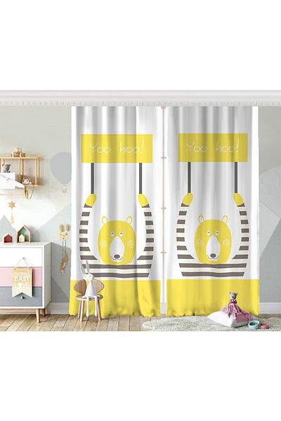 Realhomes Cortina de fundal pentru camera de copii imprimată digital cu aripi duble cu ursuleț de pluș pe fundal alb