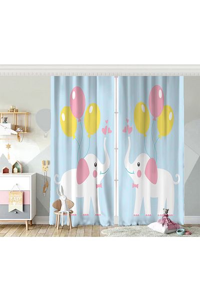 Realhomes Cortina de fundal pentru camera copiilor cu model de elefant și balon pe fundal albastru cu aripă dublă