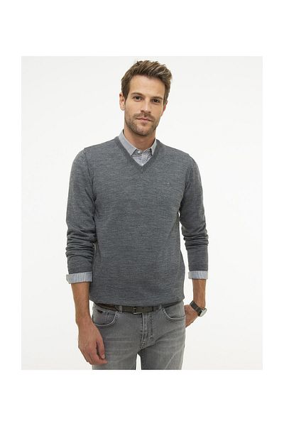 Pierre Cardin Ανδρικό πλεκτό πουλόβερ με γκρι μελανζέ Slim Fit V-Neck Basic