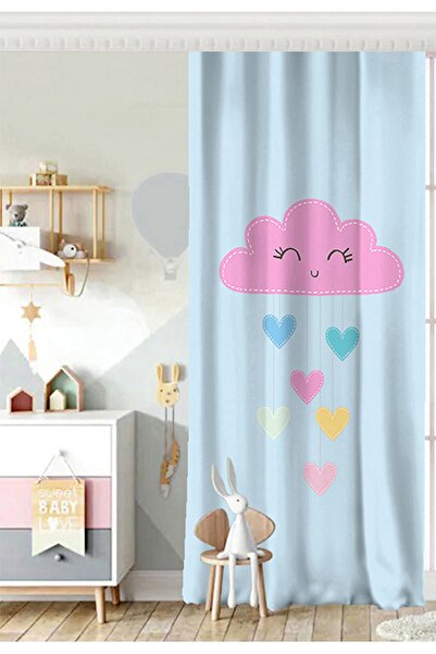 Realhomes Tek Kanat Mavi Zeminde Pembe Bulutlu Baby Shower Çocuk Odası Fon Perde