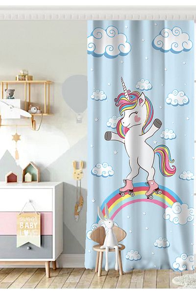 Realhomes Cortina de fundal pentru camera copiilor cu model cu unicorn albastru