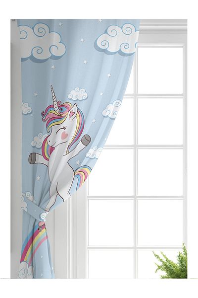 Realhomes Cortina de fundal pentru camera copiilor cu model cu unicorn albastru