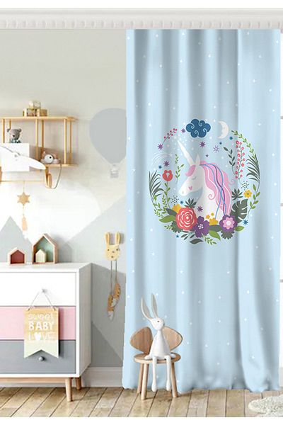 Realhomes Cortina de fundal pentru camera copiilor cu model cu unicorn albastru