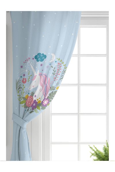 Realhomes Cortina de fundal pentru camera copiilor cu model cu unicorn albastru
