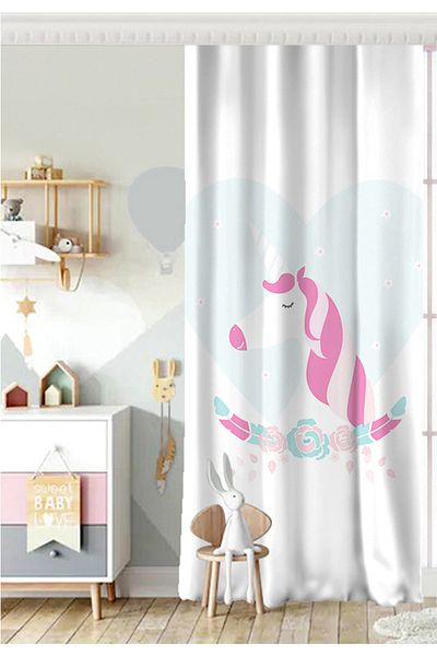 Realhomes Cameră pentru copii cu inimă albastră cu model unicorn cu o singură aripă - perdea de fundal cu fundal alb