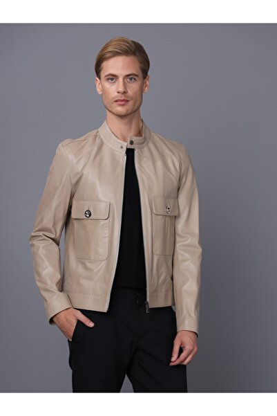 Basics&More سترة جلدية بيج للرجال