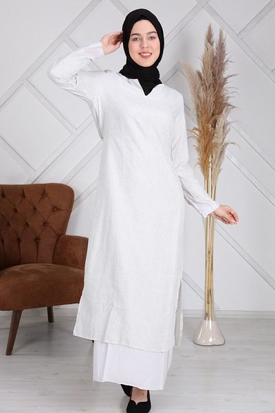 Reis Women's Ecru Double Layer Cotton Hijab Dress