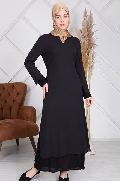 Reis Women's Black Double Layer Cotton Hijab Dress