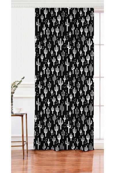 Realhomes Tek Kanat Siyah Beyaz Kaktüs Baskılı Dekoratif Salon Fon Perdesi