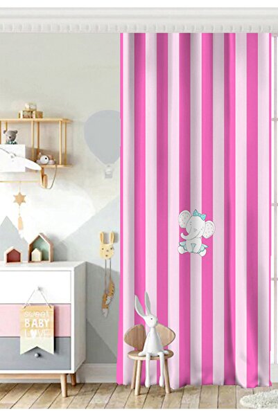 Realhomes Pembe Çizgili Fil Motifli Bebek Odası Tek Kanat Fon Perde