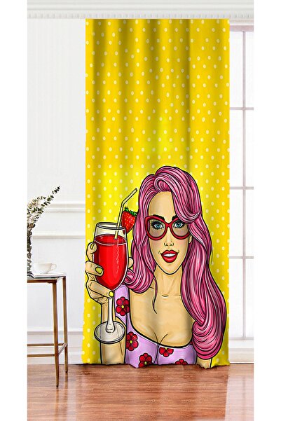 Realhomes Tek Kanat Sarı Zeminli Popart Girl Desenli Dekoratif Salon Fon Perdesi