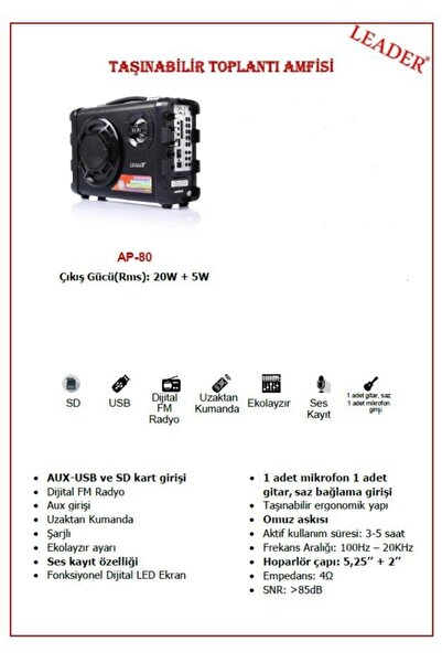 Leader Taşınabilir Toplantı Amfisi Usb Bluetooht Mikrofonlu Mevlit Hoparlörü Ap-80