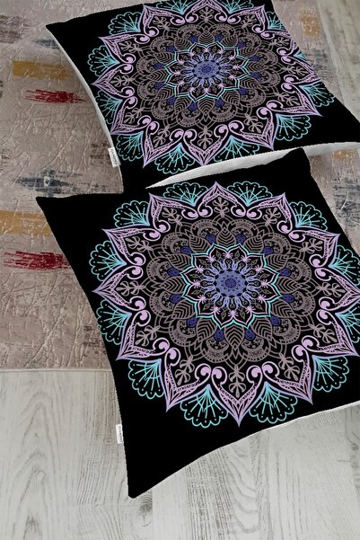 Realhomes Siyah Zeminde Pembe Mavi Mandala Desenli Modern Yer Minderi