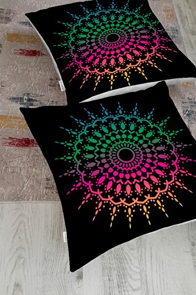 Realhomes Pink and Green Mandala Motif Floor Cushion on Black Background