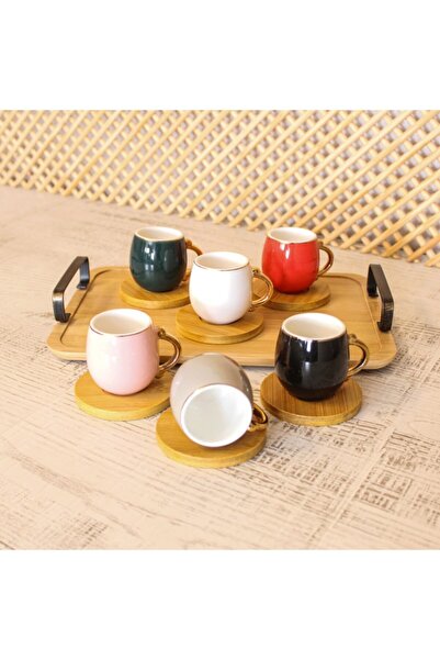 Kardelen Bambu Tepsili Bambu Tabaklı 6 Kişilik Porselen Fincan Takımı