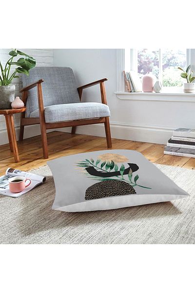 Realhomes Pernă de podea cu design special modern cu desen abstract de frunze pe fundal gri