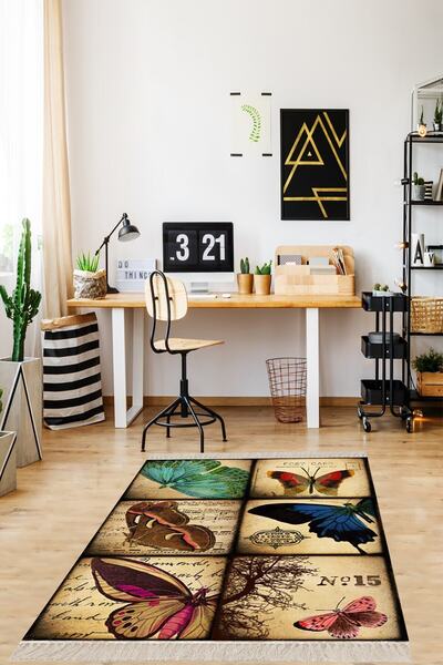 on the clouds Kelebek Desenli Dijital Baskılı Kaymaz Taban Yıkanabilir Halı