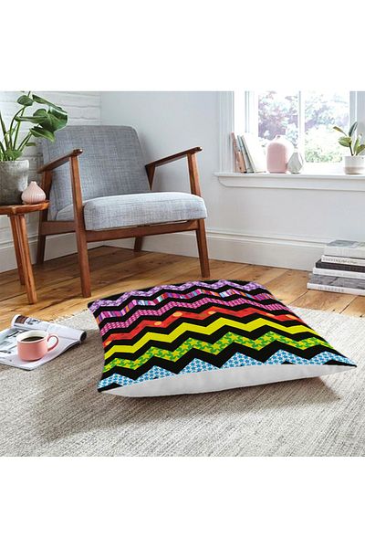 Realhomes Pernă de podea imprimată digital cu motiv în zig-zag colorat cu fundal negru