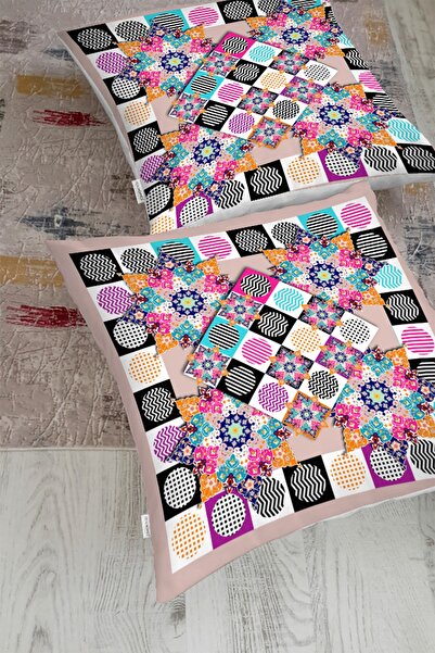 Realhomes Renkli Kare Motifli Dijital Baskılı Özel Tasarım Yer Minderi