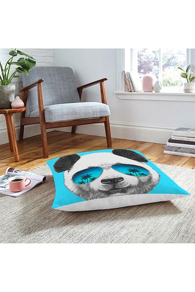 Realhomes Pernă decorativă de podea cu motiv panda cool cu ​​ochelari pe fundal albastru
