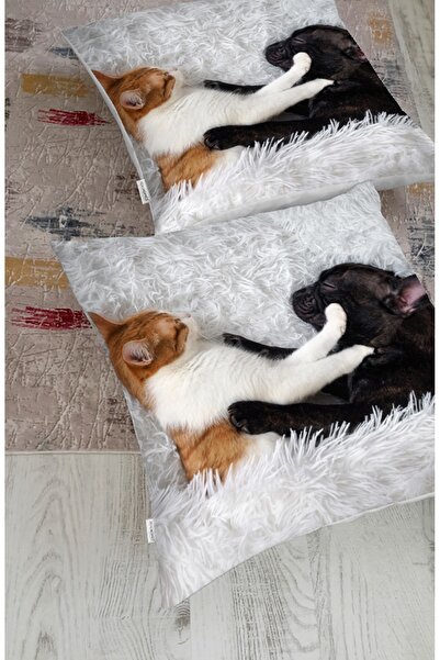 Realhomes Köpek Ve Kedili Dijital Baskılı Modern Hayvan Yer Minderi (1000gr I...