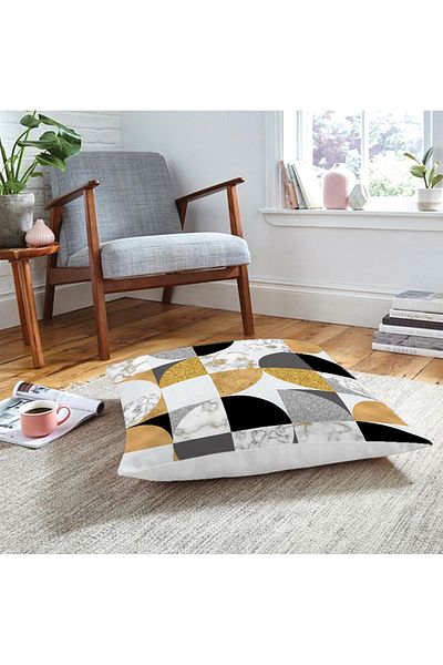 Realhomes Pernă decorativă de podea cu Motiv de detaliu auriu și negru în forme geometrice