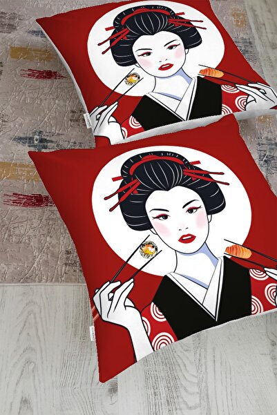 Realhomes Suşi Yiyen Japon Kız Motifli Modern Yer Minderi