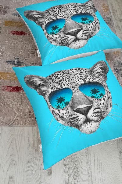 Realhomes Pernă de podea modernă cu model leopard, cu fundal albastru și ochelari