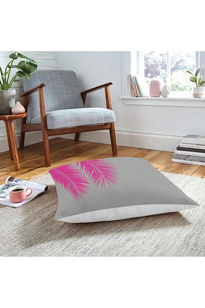 Realhomes Pernă de podea cu motiv fuchsia frunze de palmier pe fundal gri