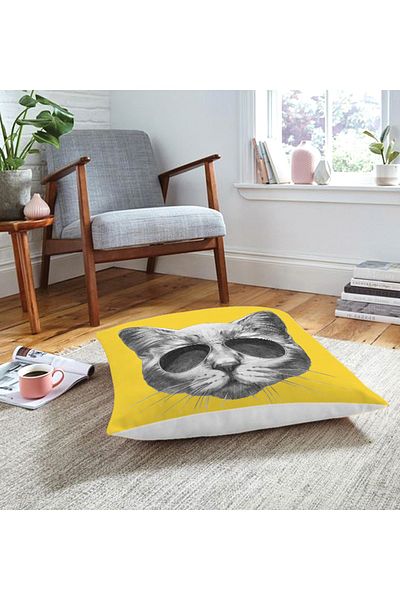 Realhomes Pisică cu ochelari modelată pernă de podea cu animale modernă imprimată digital (1000 gr umplută în interior)