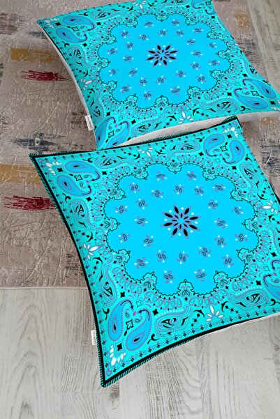 Realhomes Ethnic Motifs Digital Printed Modern Floor Cushion with Cyan Floor