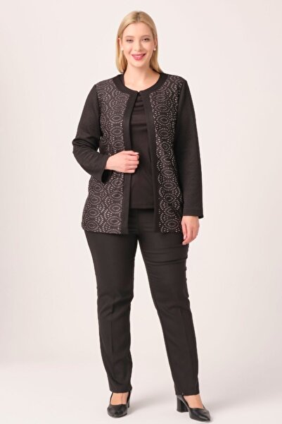 Oktay Kadın Siyah Örme Kumaş Önü Gümüş Desenli Laklı Büyük Beden Ikili Takım