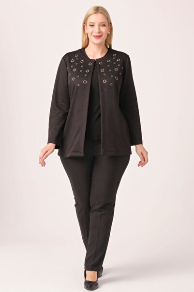 Oktay Kadın Siyah İthal Örme Kumaş Göğüsleri Kuş Gözü Aksesuarlı Büyük Beden ...