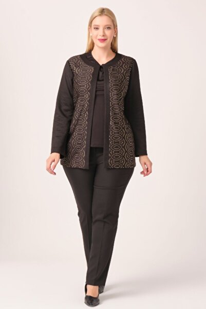 Oktay Kadın Altın Örme Kumaş Önü Altın Desenli Laklı Büyük Beden Ikili Takım